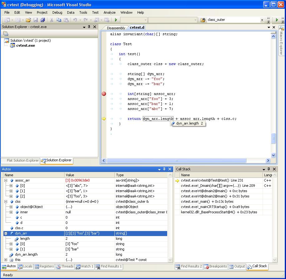 Example debugger session showing some features